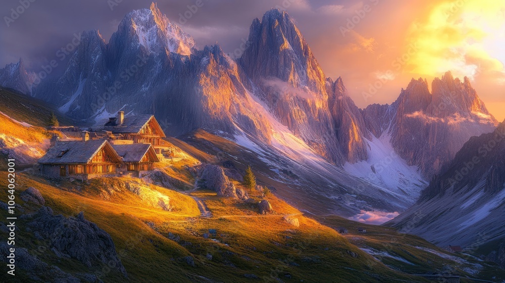 A scenic view of a mountain range with a small cabin nestled at the base. The sky is ablaze with a fiery sunset, casting long shadows across the landscape. A scenic view of a mountain range with a small cabin nestled at the base. The sky is ablaze with a fiery sunset, casting long shadows across the landscape.