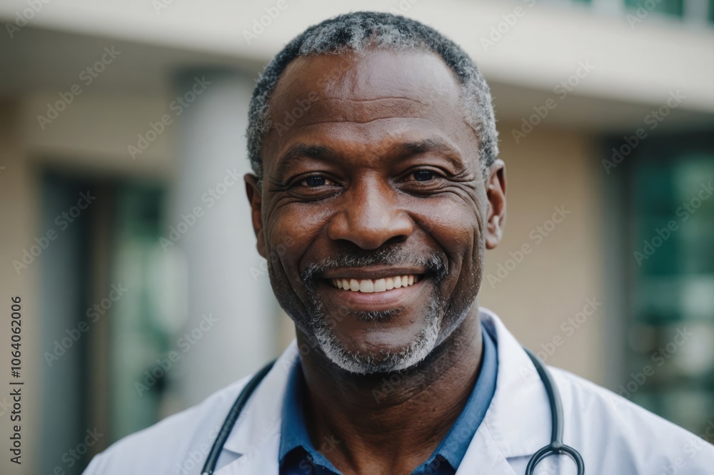 Close portrait of a smiling senior Nigerian man doctor looking at the camera, Nigerian hospital blurred background Close portrait of a smiling senior Nigerian man doctor looking at the camera, Nigerian hospital blurred background
