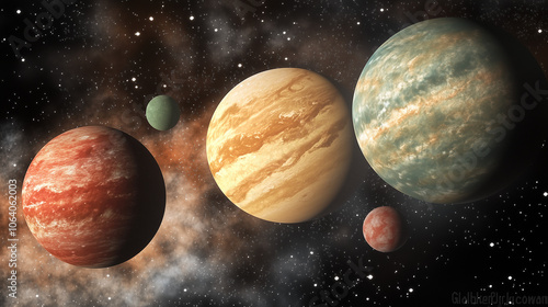 Realistic depiction of colorful planets in outer space with cosmic clouds, highlighting the beauty of the universe