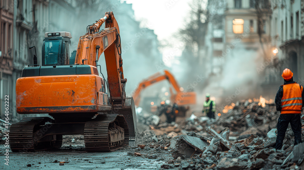 Heavy Machinery Working on Busy Construction Site Heavy Machinery Working on Busy Construction Site