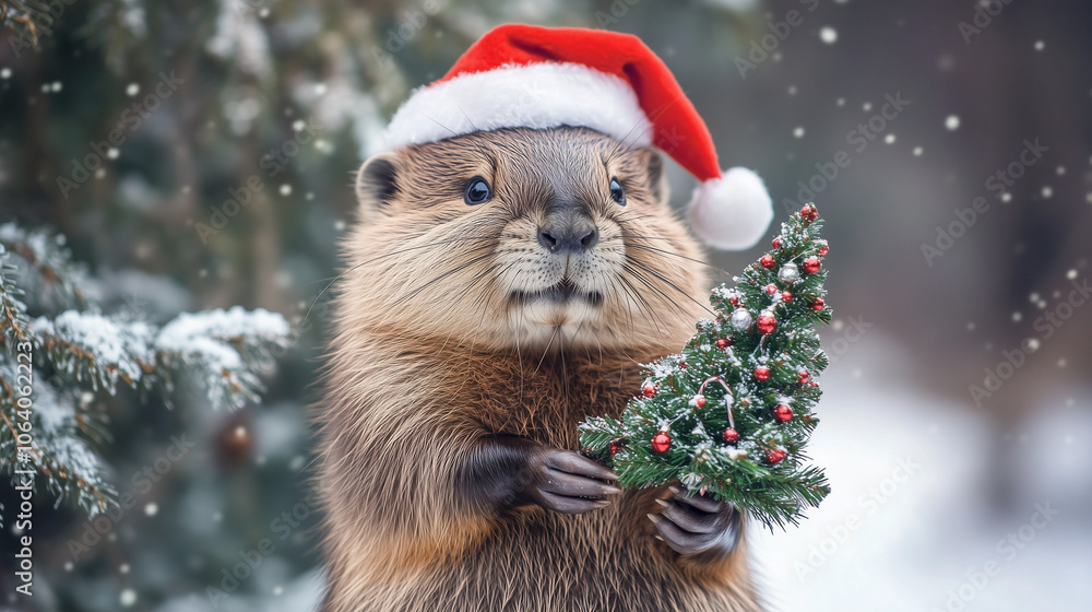 Adorable beaver in Santa hat holding a small decorated Christmas tree, celebrating holiday spirit in winter snow Adorable beaver in Santa hat holding a small decorated Christmas tree, celebrating holiday spirit in winter snow