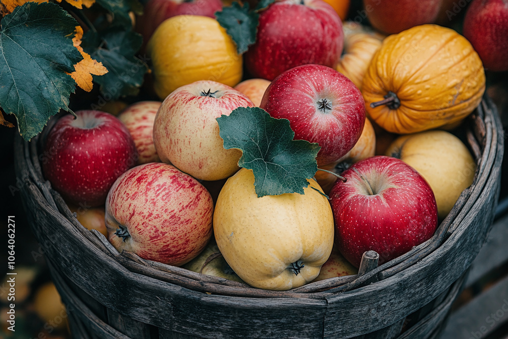 a fall harvest basket filled with apples and squash. a fall harvest basket filled with apples and squash.
