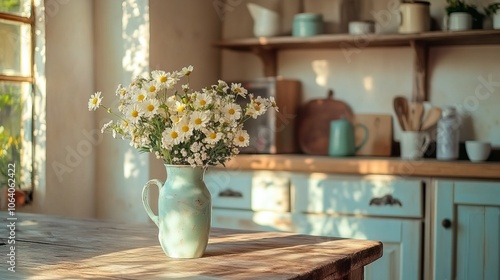 Wallpaper Mural Rustic kitchen with wildflower bouquet, sunlit wooden counters, vintage ceramics, cozy cottagecore aesthetic in countryside ambiance, celebrating simple, slow living and nature. Torontodigital.ca