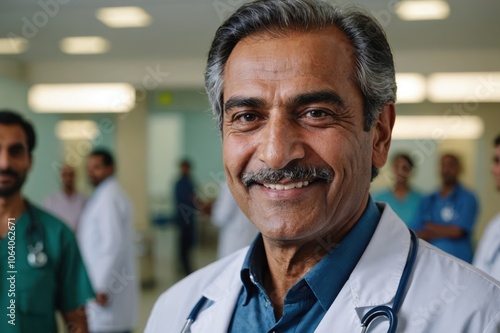 Close portrait of a smiling senior Pakistani man doctor looking at the camera, Pakistani hospital blurred background