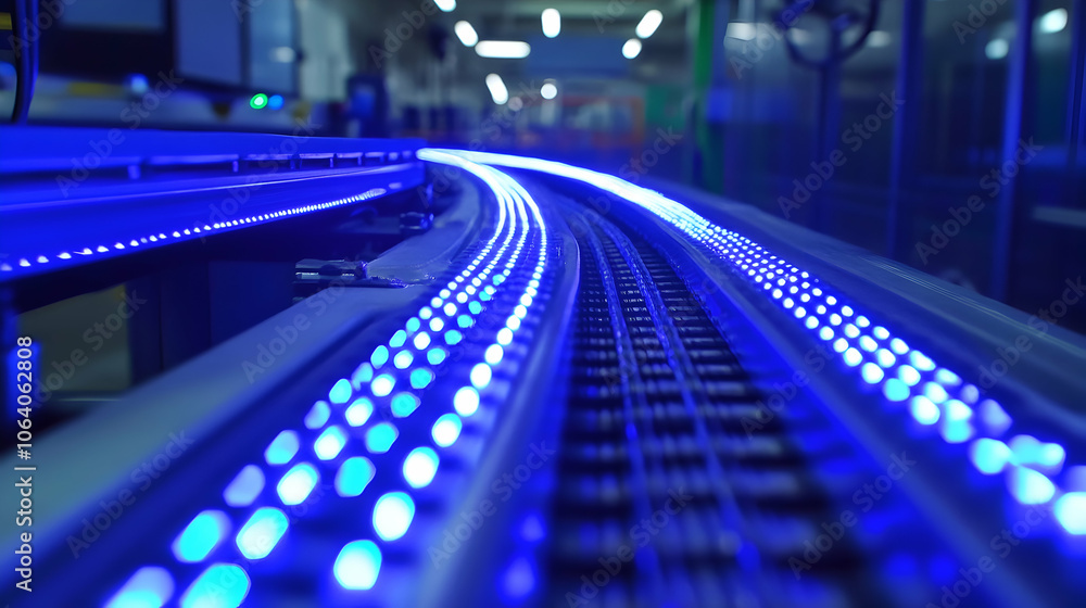 Blue LED lights on a factory conveyor belt Blue LED lights on a factory conveyor belt