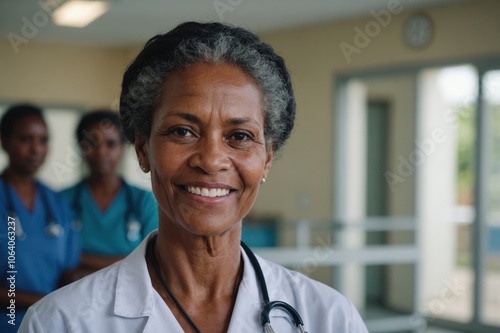 Close portrait of a smiling senior Papua New Guinean woman doctor looking at the camera, Papua New Guinean hospital blurred background