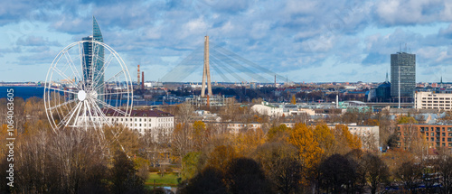 Aerial View of Riga Featuring Victory Park and Vansu Bridge photo