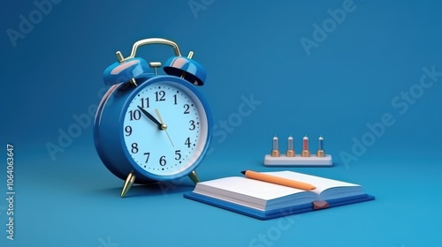 A blue alarm clock and a notebook with a pencil sit on a vibrant blue background, evoking time management and organization in 3D style.