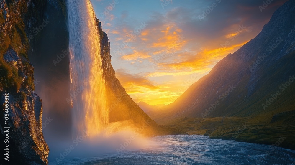 Fototapeta premium Majestic waterfall cascading down a rocky cliff with a fiery sunset in the background.