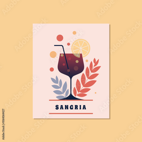 Vector illustration of a drink in a glass with a straw and lemon and the inscription "Sangria". Illustration in a flat style. Example, template, signboard, drink advertising