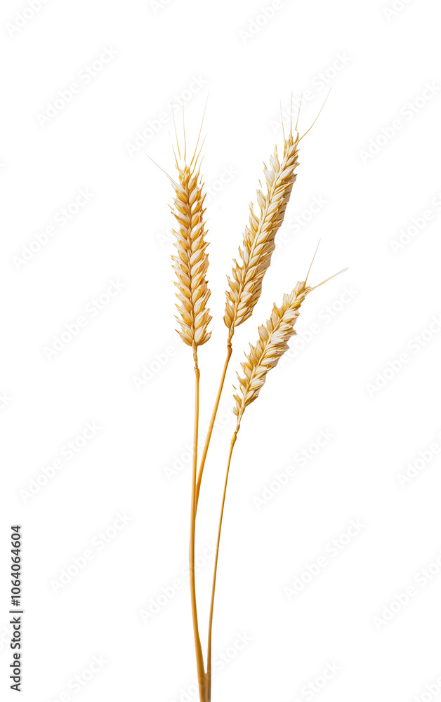 Three golden wheat stalks with grains on white background.