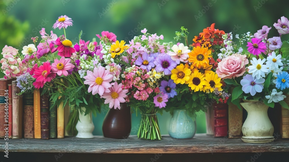 Vibrant wildflower bouquets on rustic wooden table with vintage books capturing cottagecore aesthetic and countryside charm Vibrant wildflower bouquets on rustic wooden table with vintage books capturing cottagecore aesthetic and countryside charm