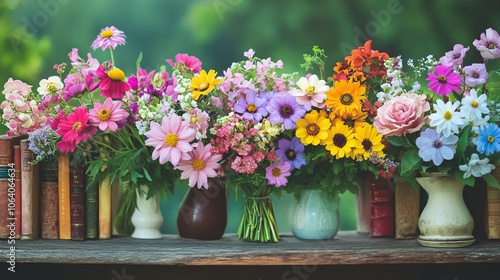 Vibrant wildflower bouquets on rustic wooden table with vintage books capturing cottagecore aesthetic and countryside charm