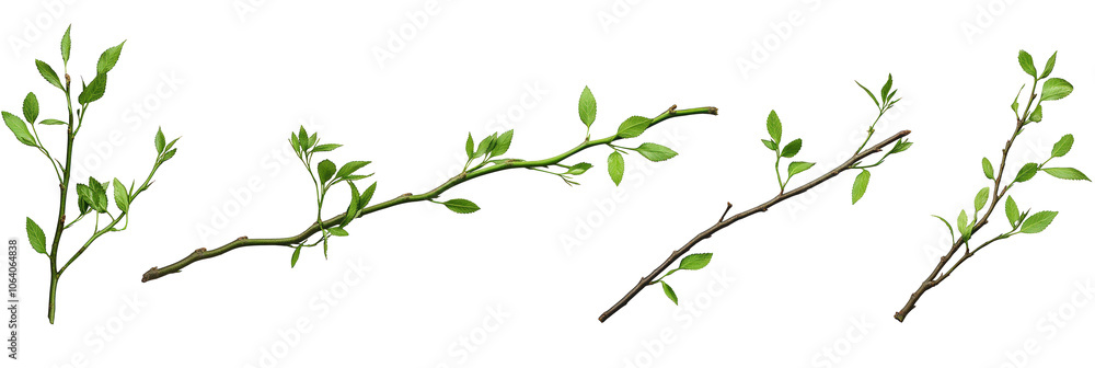Obraz premium Tree branch with many green leaves isolated on transparent background. Fresh foliage, natural, organic, healthy growth. Branch extends from top left to bottom right with leaves scattered across.