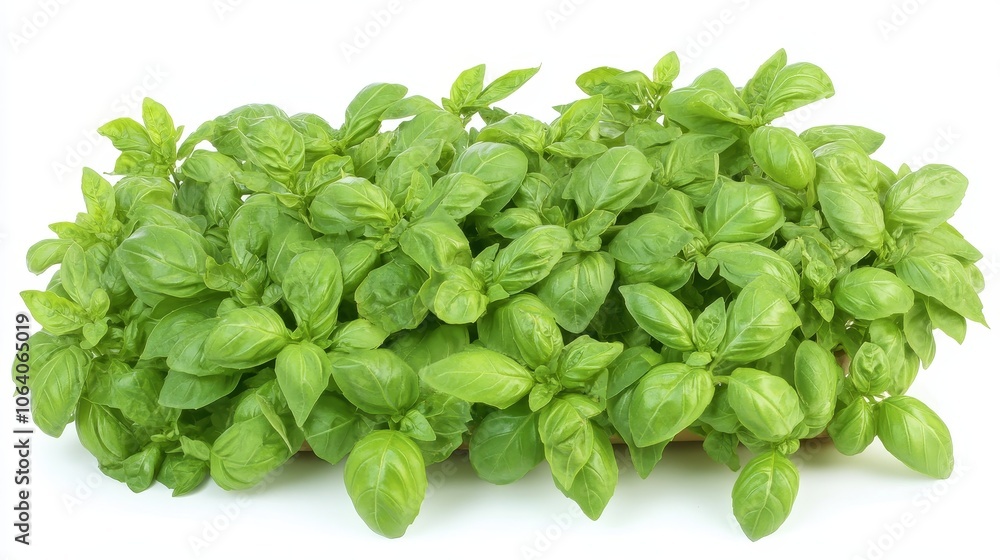 Fresh, fragrant Genovese basil herbs thrive in a pot, their vibrant green leaves standing out on a white background, ready to add zest to any culinary creation. Fresh, fragrant Genovese basil herbs thrive in a pot, their vibrant green leaves standing out on a white background, ready to add zest to any culinary creation.