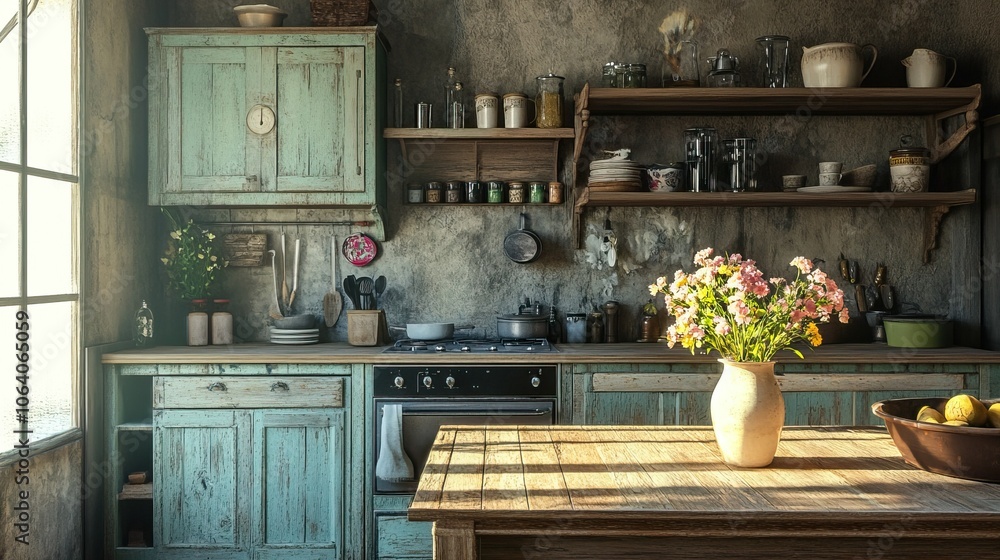 Fototapeta premium Rustic vintage kitchen with sunlit wooden cabinets and wildflower arrangement - cozy cottagecore aesthetic in countryside