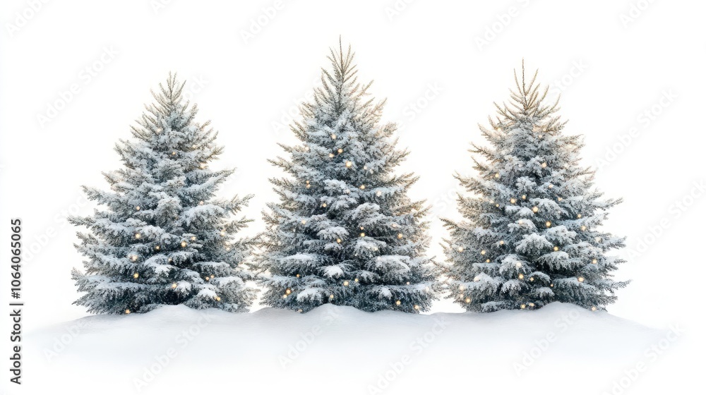 snowy pine trees covered in twinkling lights, peaceful winter night, watercolor effect, isolated on white background snowy pine trees covered in twinkling lights, peaceful winter night, watercolor effect, isolated on white background