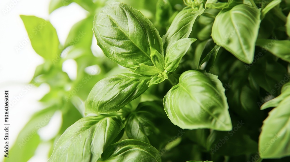 Fresh, fragrant Genovese basil herbs thrive in a pot, their vibrant green leaves standing out on a white background, ready to add zest to any culinary creation. Fresh, fragrant Genovese basil herbs thrive in a pot, their vibrant green leaves standing out on a white background, ready to add zest to any culinary creation.