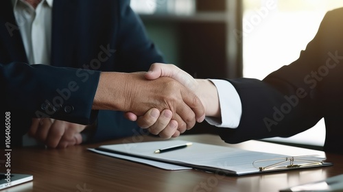 Two professionals exchange a firm handshake over a meeting table, symbolizing agreement and mutual respect in a corporate setting.