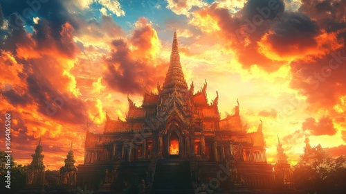 A majestic temple silhouette against a fiery sunset sky, showcasing the beauty of Asian architecture and spirituality.