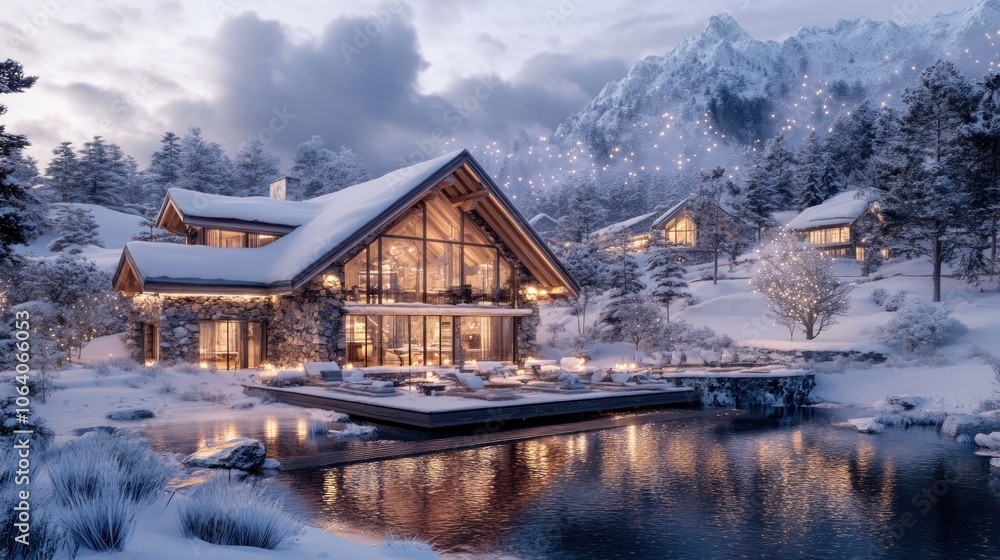 Fototapeta premium A modern wooden cabin with large windows and a pool in the snowy mountains, lit up at dusk.