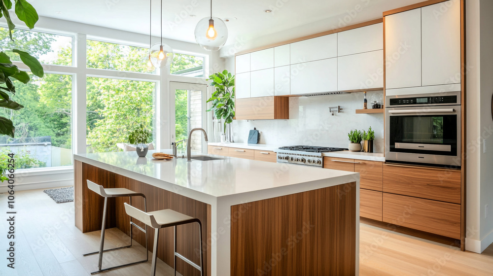Fototapeta premium Modern Kitchen Design with White Cabinets Island and Natural Light