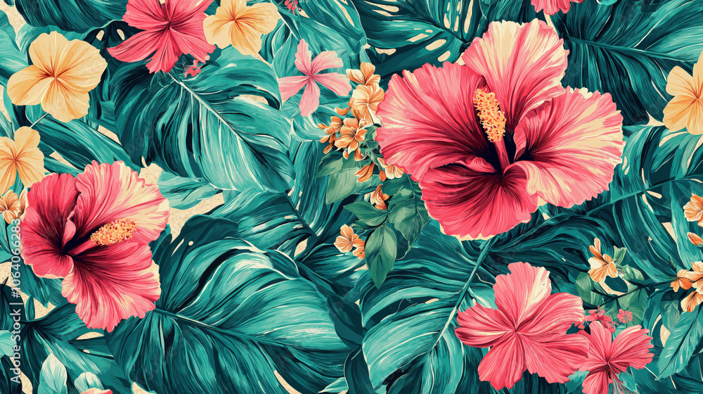 A tropical flower garden with pink and yellow flowers A tropical flower garden with pink and yellow flowers