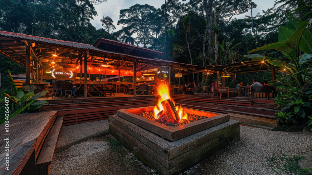 Nighttime outdoor dining area with a central fire pit, surrounded by lush greenery and ambient lighting, creating a cozy atmosphere. Nighttime outdoor dining area with a central fire pit, surrounded by lush greenery and ambient lighting, creating a cozy atmosphere.