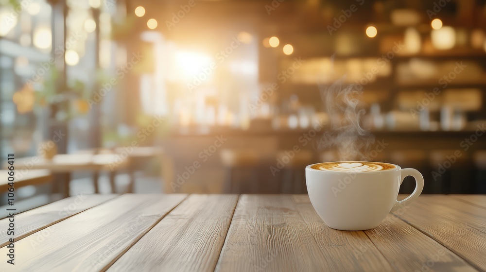 White coffee cup on wooden table in coffee shop White coffee cup on wooden table in coffee shop