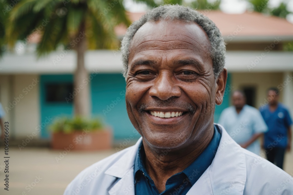 Close portrait of a smiling senior Solomon Islander man doctor looking at the camera, Solomon Islander hospital blurred background Close portrait of a smiling senior Solomon Islander man doctor looking at the camera, Solomon Islander hospital blurred background