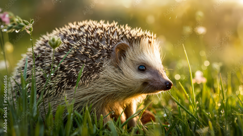 Cinematic close-up of a hedgehog in dewy grass, with glistening quills under warm morning light. Blurred background hints at wildflowers, creating a serene, intimate atmosphere with a curious expressi Cinematic close-up of a hedgehog in dewy grass, with glistening quills under warm morning light. Blurred background hints at wildflowers, creating a serene, intimate atmosphere with a curious expressi