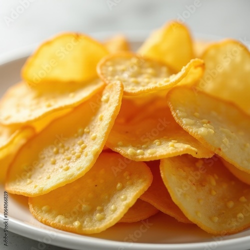 Close-up of crispy golden-brown tortilla chips on a white plate. Fresh and crunchy texture. Speckled with small holes. Focus on crunchy snack. Crunchy Mexican snack. photo