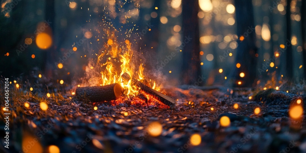 A warm campfire glows brightly in a serene forest setting. The flame dances cheerfully amidst glowing embers and surrounded by a carpet of leaves. The scene conveys a cozy and inviting atmosphere. AI A warm campfire glows brightly in a serene forest setting. The flame dances cheerfully amidst glowing embers and surrounded by a carpet of leaves. The scene conveys a cozy and inviting atmosphere. AI