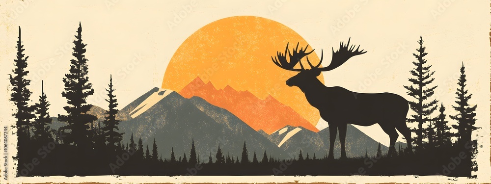 Fototapeta premium A silhouette of an elk standing in front of the sun, with mountains and trees behind it