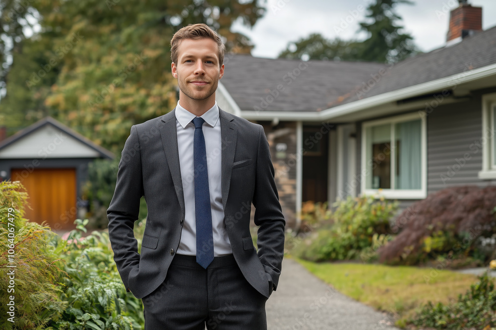 A Caucasian male real estate agent standing in front of a house wearing a suit. A Caucasian male real estate agent standing in front of a house wearing a suit.