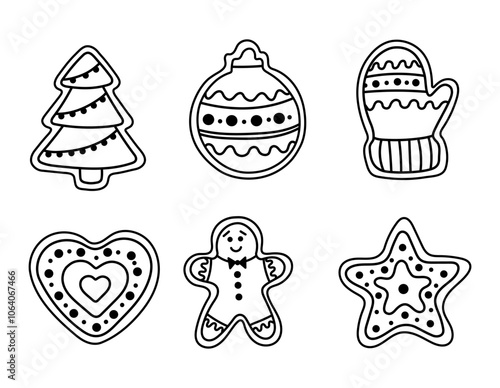 Festive vector set of New Year's gingerbread cookies. Includes a star, a tree, a heart, gingerbread men, a sock, a mitten. Perfect for holiday designs, cards and seasonal decorations.