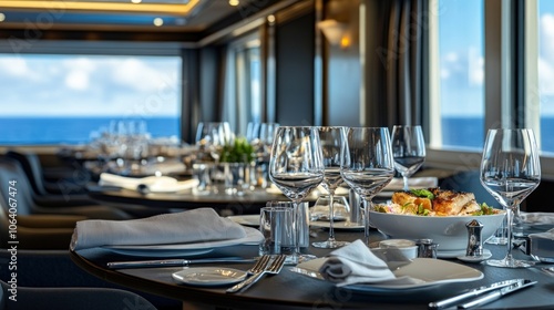 A table set for a fine dining experience on a yacht with a view of the ocean.