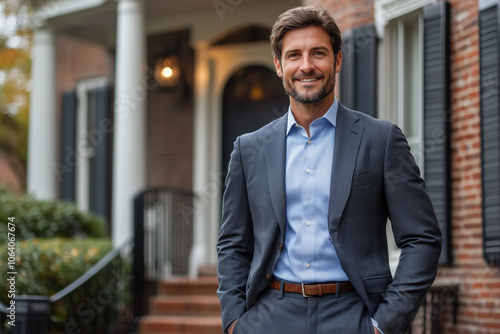 A Caucasian male real estate agent standing in front of a house wearing a suit.