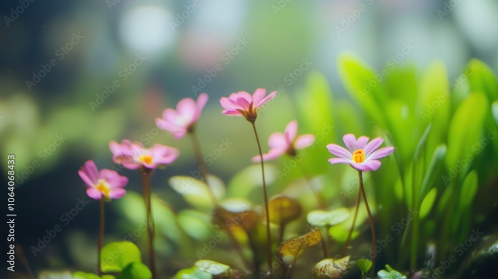 Close-up of delicate pink flowers blooming in a lush green meadow. Close-up of delicate pink flowers blooming in a lush green meadow.
