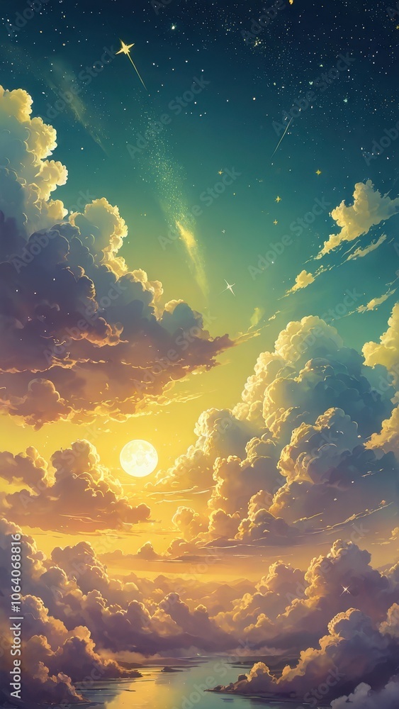 Idyllic Sunset Landscape with Lush Hills and Glowing Golden Clouds, fantasy phone wallpaper Idyllic Sunset Landscape with Lush Hills and Glowing Golden Clouds, fantasy phone wallpaper