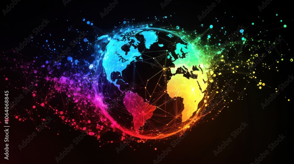 A digital globe with a rainbow effect and dots of light. A digital globe with a rainbow effect and dots of light.