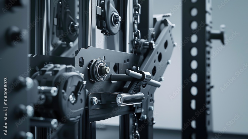 Close-up of industrial fitness equipment with steel chains and levers Close-up of industrial fitness equipment with steel chains and levers