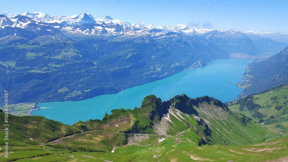 Naklejka premium Swiss Alps landscape with snowy mountains, blue lake, and green hills