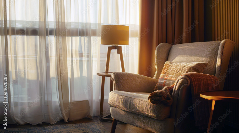 Fototapeta premium Modern reading corner with armchair, lamp, and side table by window curtains, bathed in sunlight.