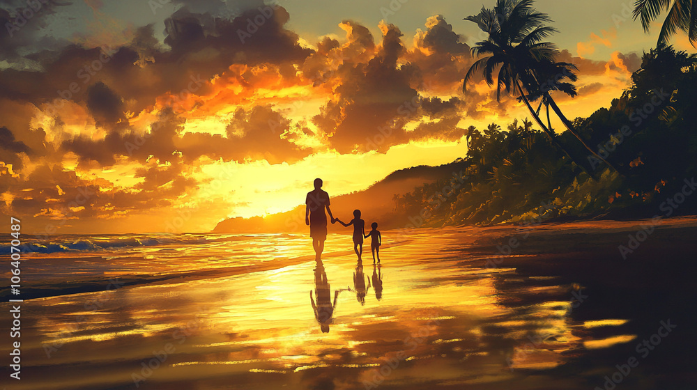 Fototapeta premium Family Silhouette Walking on Beach at Sunset with Palm Trees and Golden Sky