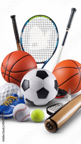 Variety of sports equipment isolated on white, balls and gear