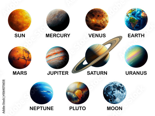 Painted Solar System Set, Sun, Mercury, Venus, Earth, Mars, Jupiter, Saturn, Uranus, Neptune, Pluto, Moon, Science Solar Collection photo