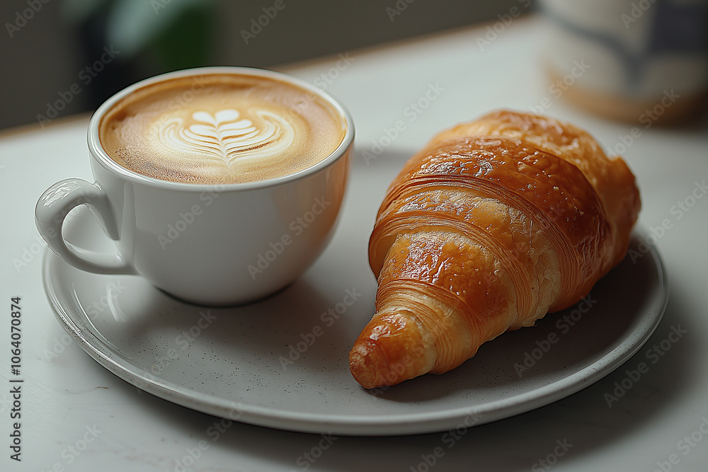 Kaffee und Croissant auf einem Teller im Café
Kaffee und Croissant auf einem Teller im Café