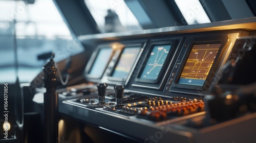 Close-up of the control panel of a ship with multiple screens displaying navigation information.