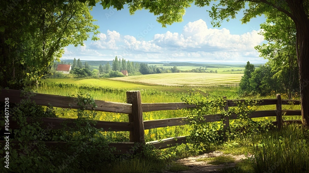 Sunlit path through lush countryside with rustic wooden fence and rolling hills, representing cottagecore aesthetic and countryside serenity Sunlit path through lush countryside with rustic wooden fence and rolling hills, representing cottagecore aesthetic and countryside serenity